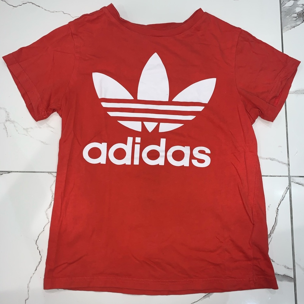 Adidas Orange Red Logo Shirt Top Short Sleeve